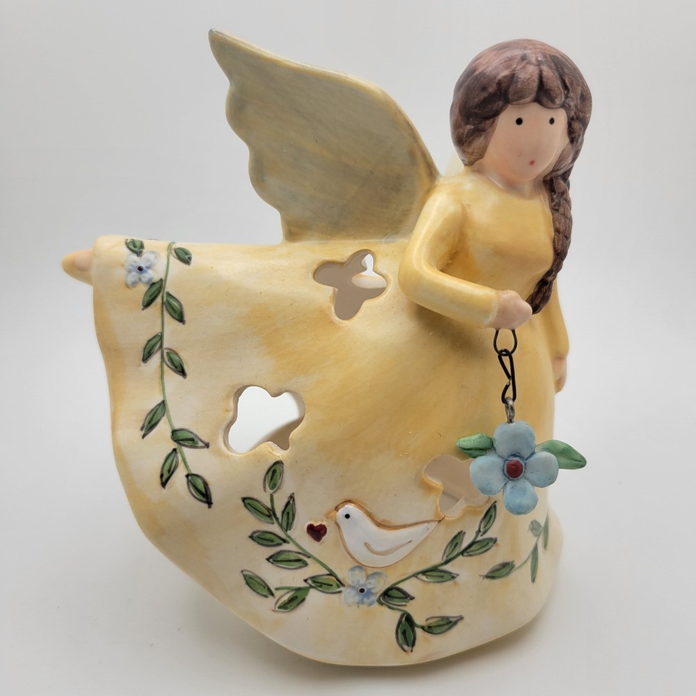Ceramic Angel Tea Light Candle Holder Hand-Painted Floral Cottagecore Whimsical